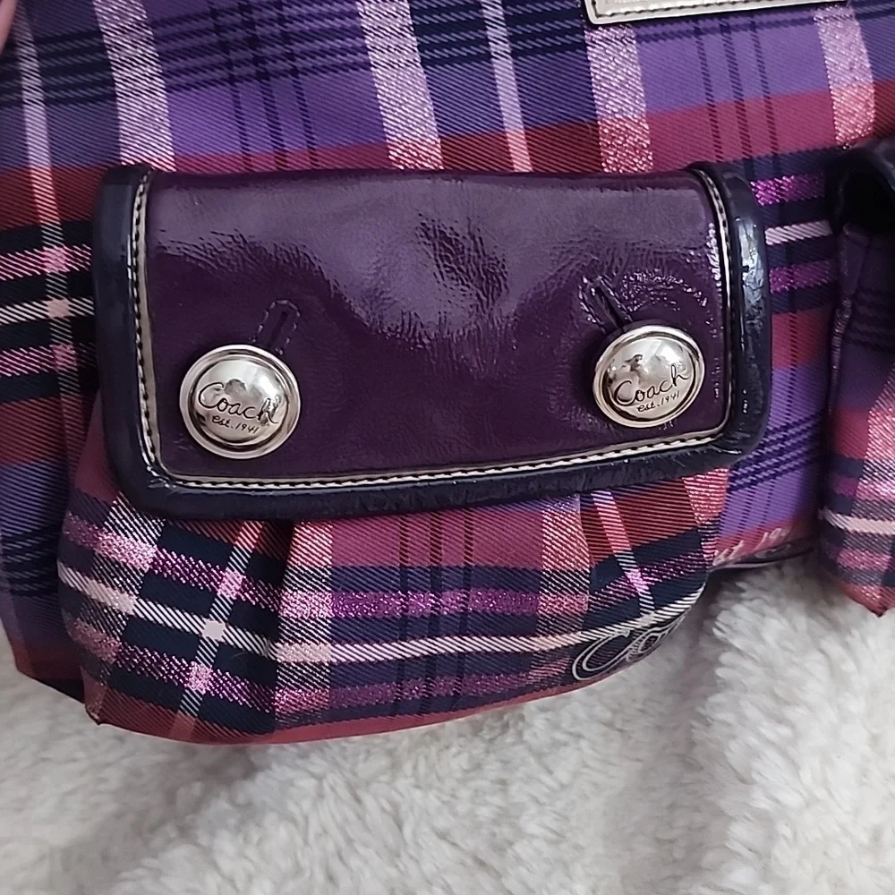 Coach Poppy Purple Tartan Metallic Shoulder Bag Purse - Picture 7 of 16